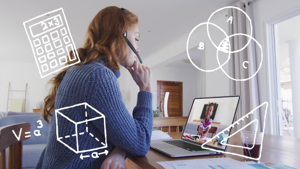 Animatie van pictogrammen van schoolspullen boven Kaukasische lerares tijdens schoolvideogesprek
