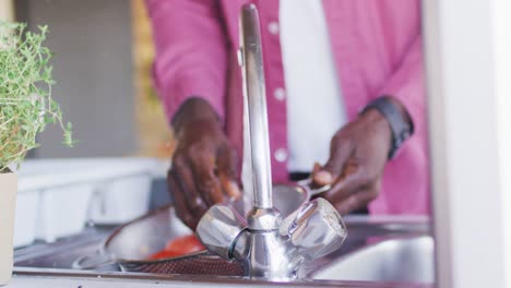 Sección-Media-De-Un-Hombre-Afroamericano-De-Alto-Rango-Pasando-Tiempo-En-Una-Cabaña-De-Madera,-Cocinando-En-La-Cocina