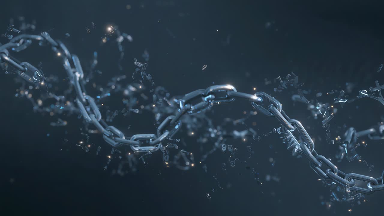Catena di maglie metalliche in movimento, generata da una sequenza di fotogrammi, che fluttua in uno studio buio con particelle