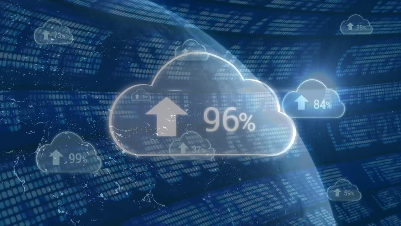 animación de iconos de nube, procesamiento de datos y mercado de valores sobre fondo azul