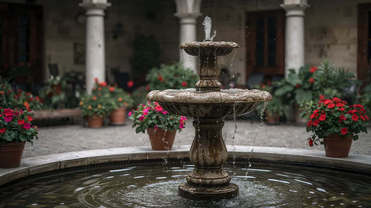 Fuente de piedra de dos niveles chorreando, con el chorro superior ininterrumpido, creando gotas y ondulaciones en el patio.