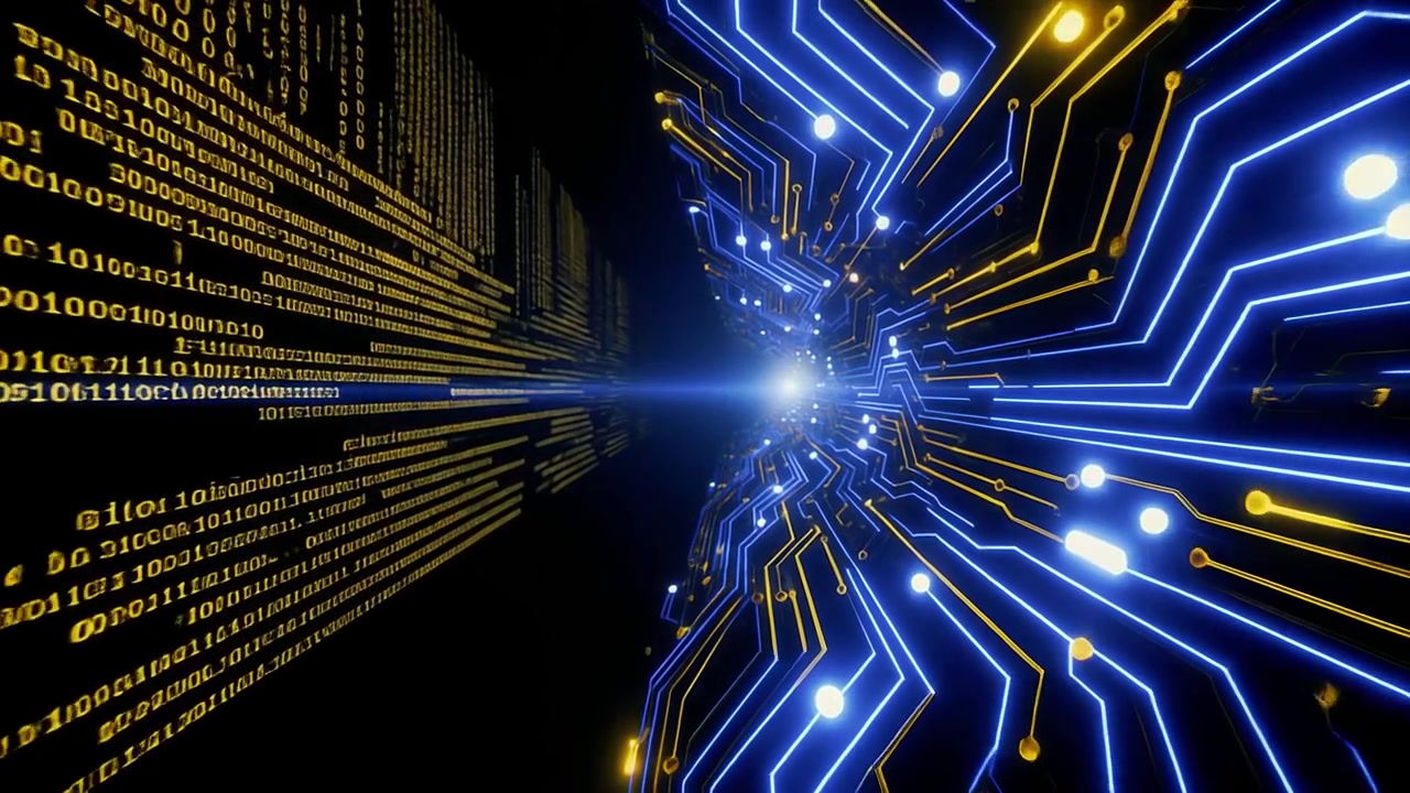 Futuristic Circuit Board with Binary Data Flow