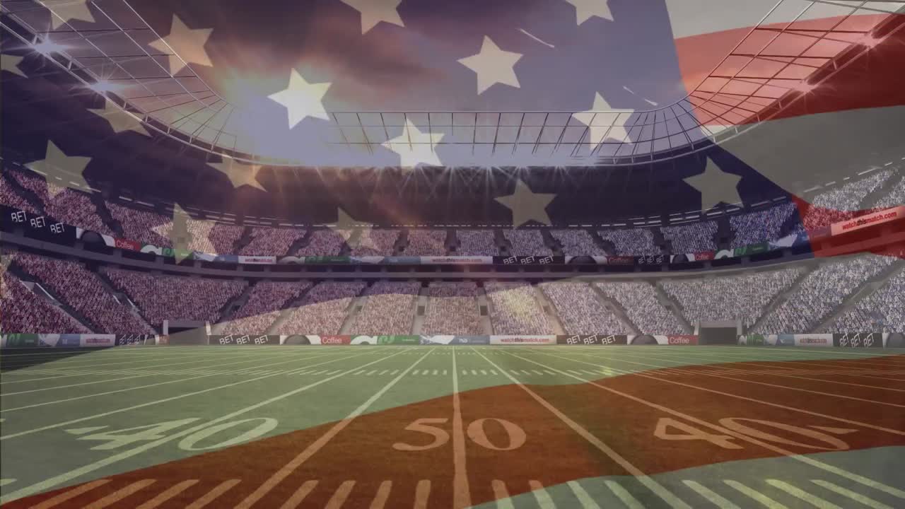 animación de la bandera de los estados unidos de américa ondeando sobre el campo y el estadio de fútbol americano