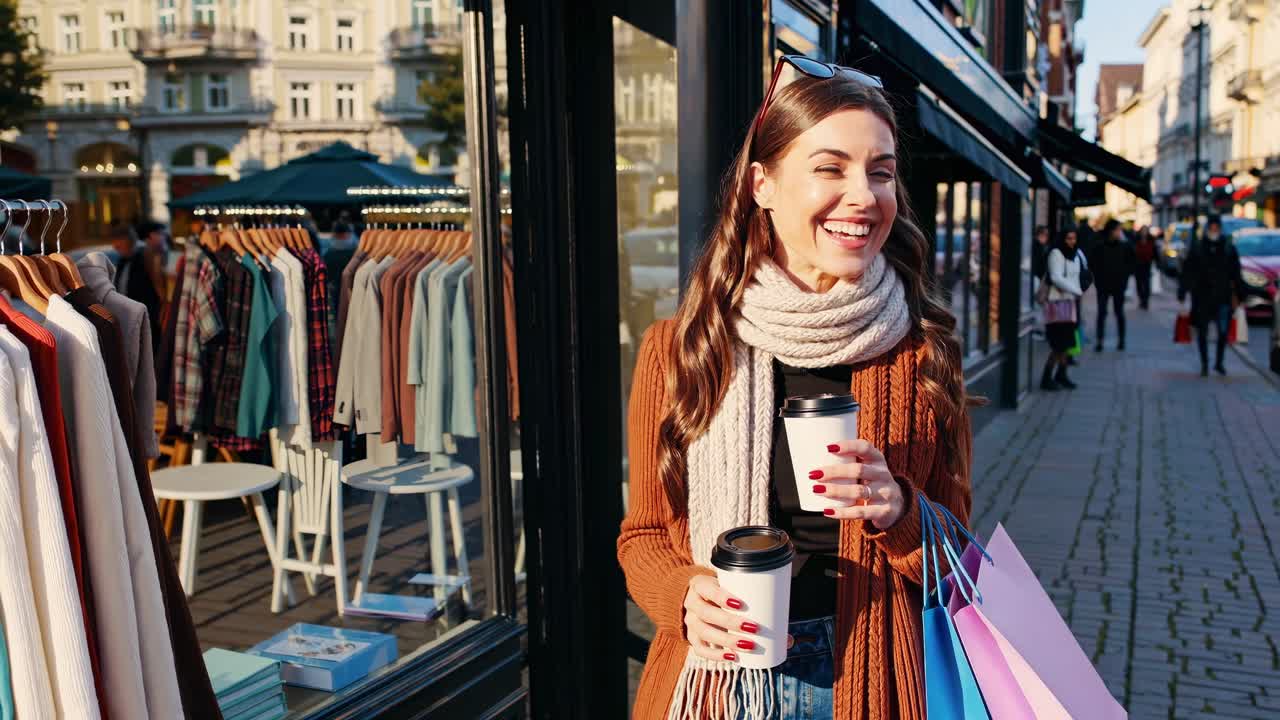 A joyful woman with shopping bags and coffee walks past a boutique. Captured at eye level, the video