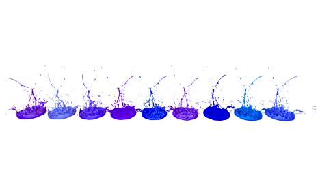 3d spruzzi di liquido. vernice rimbalza in 4k su sfondo bianco. simulazione di spruzzi d'inchiostro su un altoparlante musicale che suona musica. versione sfumature di blu 5