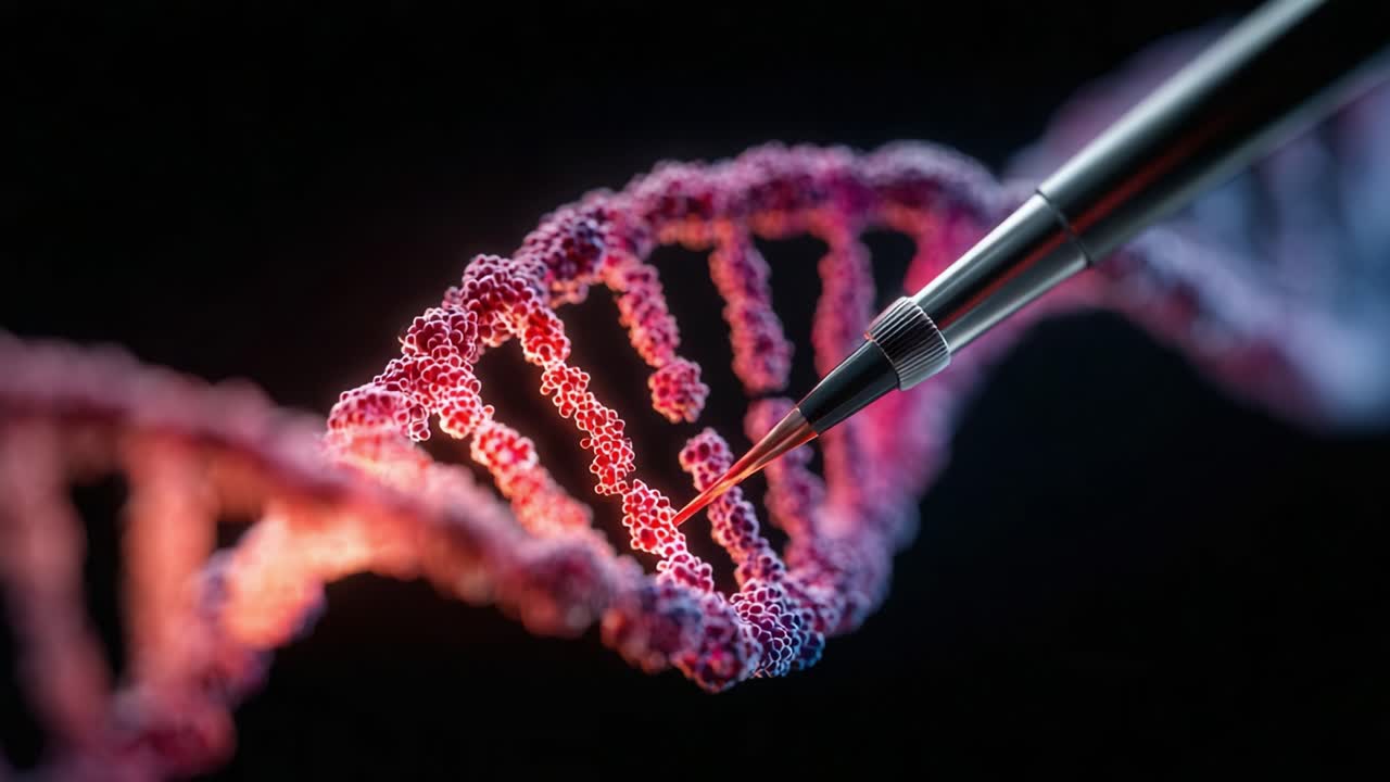 Un intricato primo piano di un'elica del DNA manipolata con strumenti di precisione, che evidenzia il legame tra la genetica e le moderne scoperte biotecnologiche