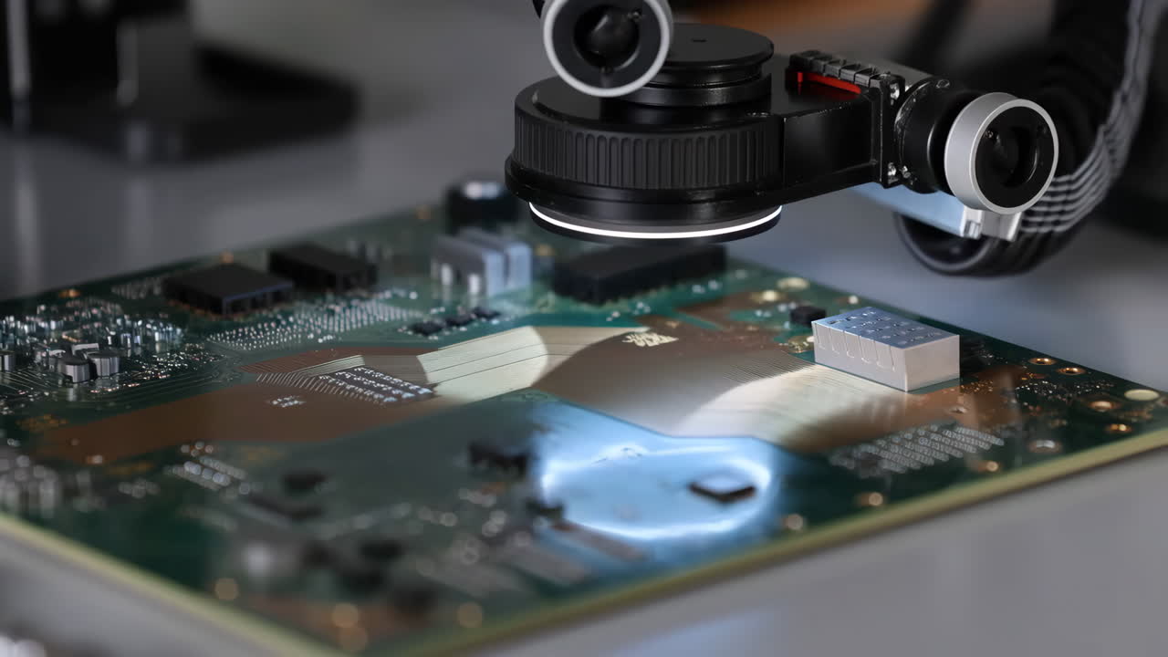 Close-up of a circuit board undergoing optical inspection by a specialized device