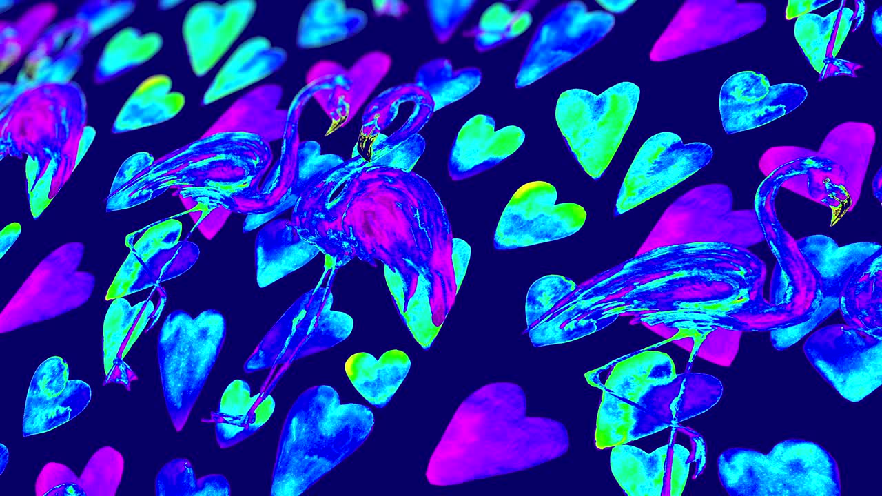 손으로 그린 수채화 플라밍고와 심장을 가진 추상적인 배경.