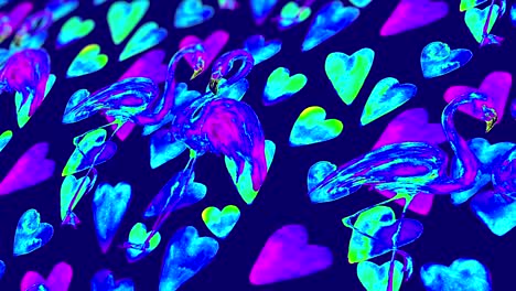 abstract background with hand drawn watercolor flamingos and hearts. seamless looping 4k footage.