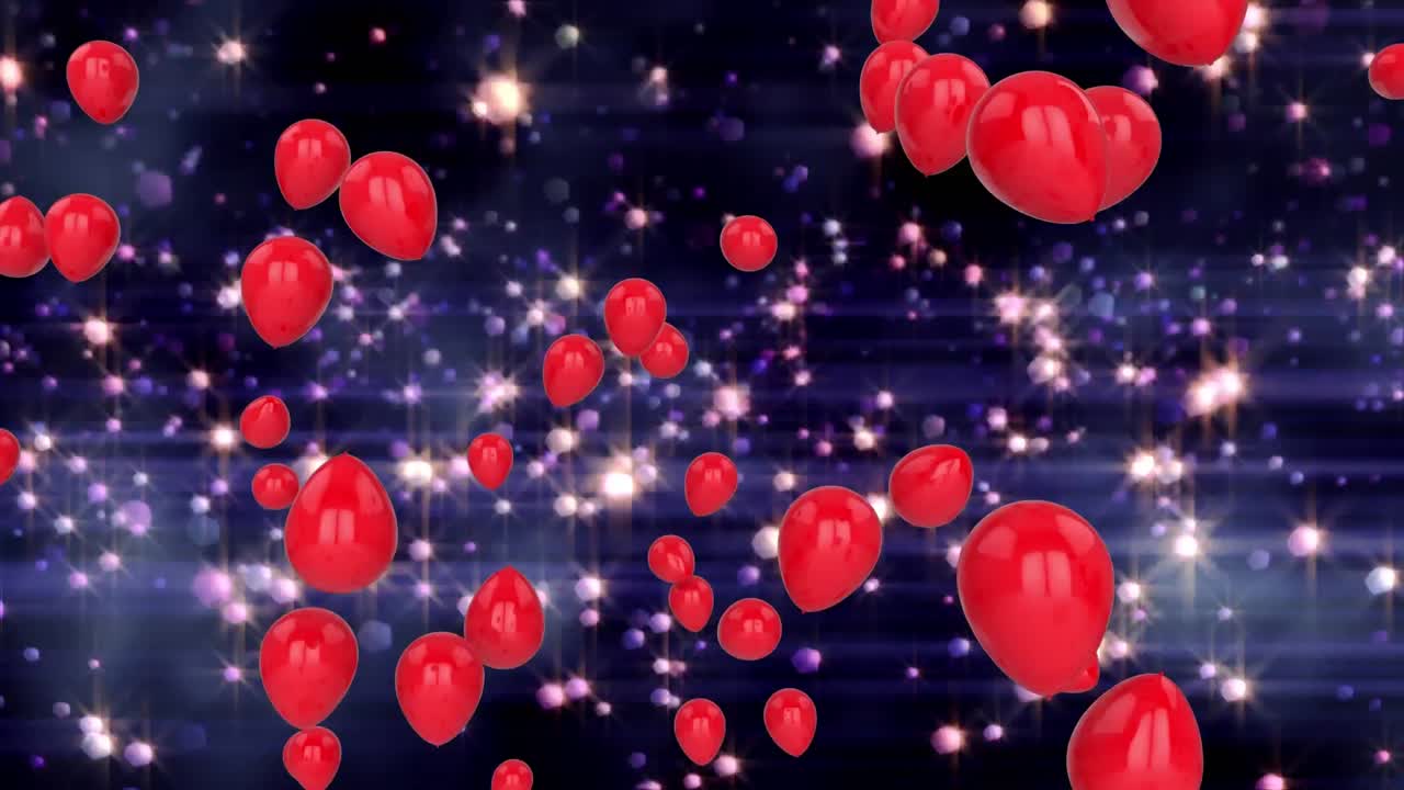 анимация красных воздушных шаров, летающих над светящимися огнями