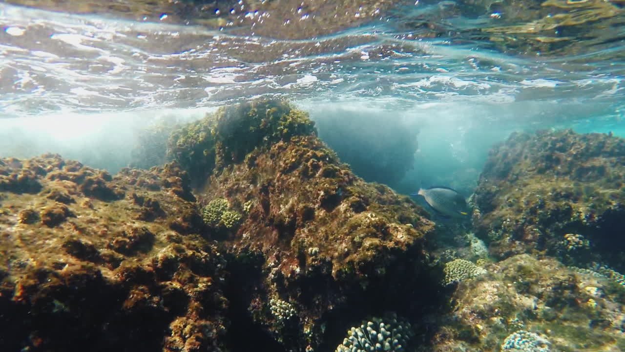 navegar bajo el agua olas rompiendo en las rocas
