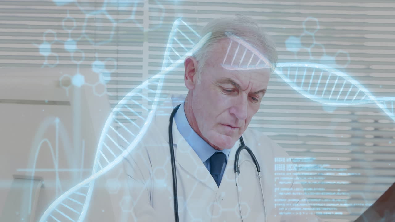 Animation of dna strands with data processing over caucasian male doctor reading x-ray scan