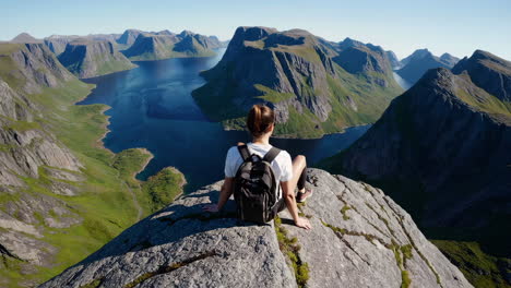 person enjoying a panoramic view of a majestic fjord landscape from a mountain peak