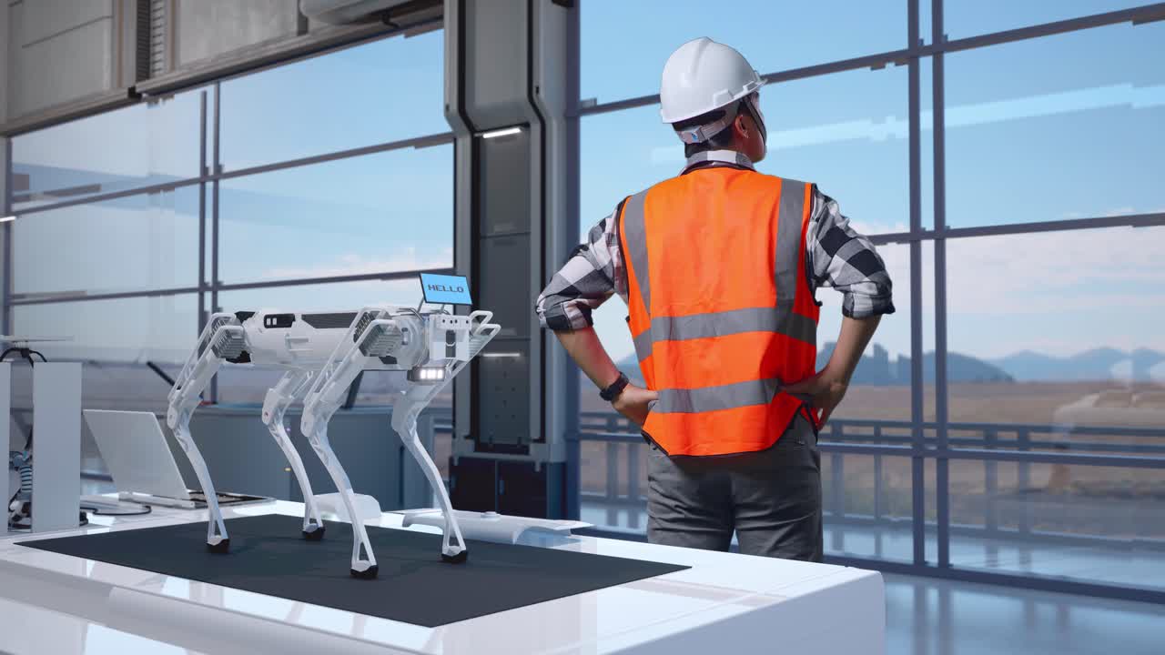 vista posteriore del corpo completo di un ingegnere maschio asiatico con casco di sicurezza in una fabbrica ad alta tecnologia, che analizza il concetto di macchina robotica. in piedi con le braccia akimbo guardandosi intorno, controllando