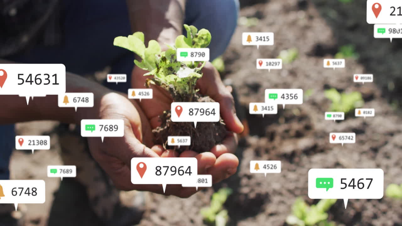 Gardener holding seedling in soil, showing technology chat bubbles and notification bells floating