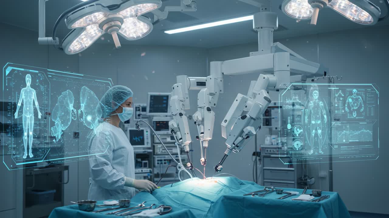 Advanced Robotic Surgery in a Modern Operating Room: A Surgeon Utilizing Cutting-Edge Technology for Precision Healthcare and Enhanced Patient Outcomes