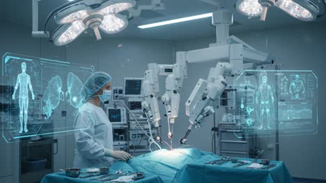 advanced robotic surgery in a modern operating room: a surgeon utilizing cutting-edge technology for precision healthcare and enhanced patient outcomes