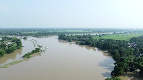 ariel view shot of west bengal flood by river damodar and mundeshwari in rainy season