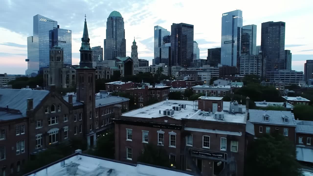 The vibrant skyline of Dallas is illuminated during twilight, featuring a mix of modern skyscrapers and historic structures. This captivating view highlights the city's unique architectural diversity.