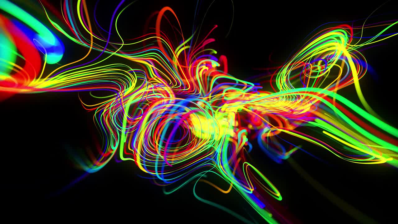el flujo de fondo abstracto de las líneas de brillo. las partículas de luces en funcionamiento se forman en el espacio 3d brillando hermosas líneas curvas como una bola de cables quemándose con luz de neón. hermoso fondo creativo en bucle en 4k.