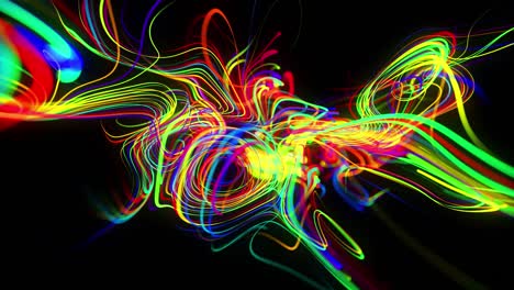 abstract background flow of glow lines. running lights particles form in 3d space glowing beautiful curved lines like ball of wires burning with neon light. beautiful looped creative background in 4k.