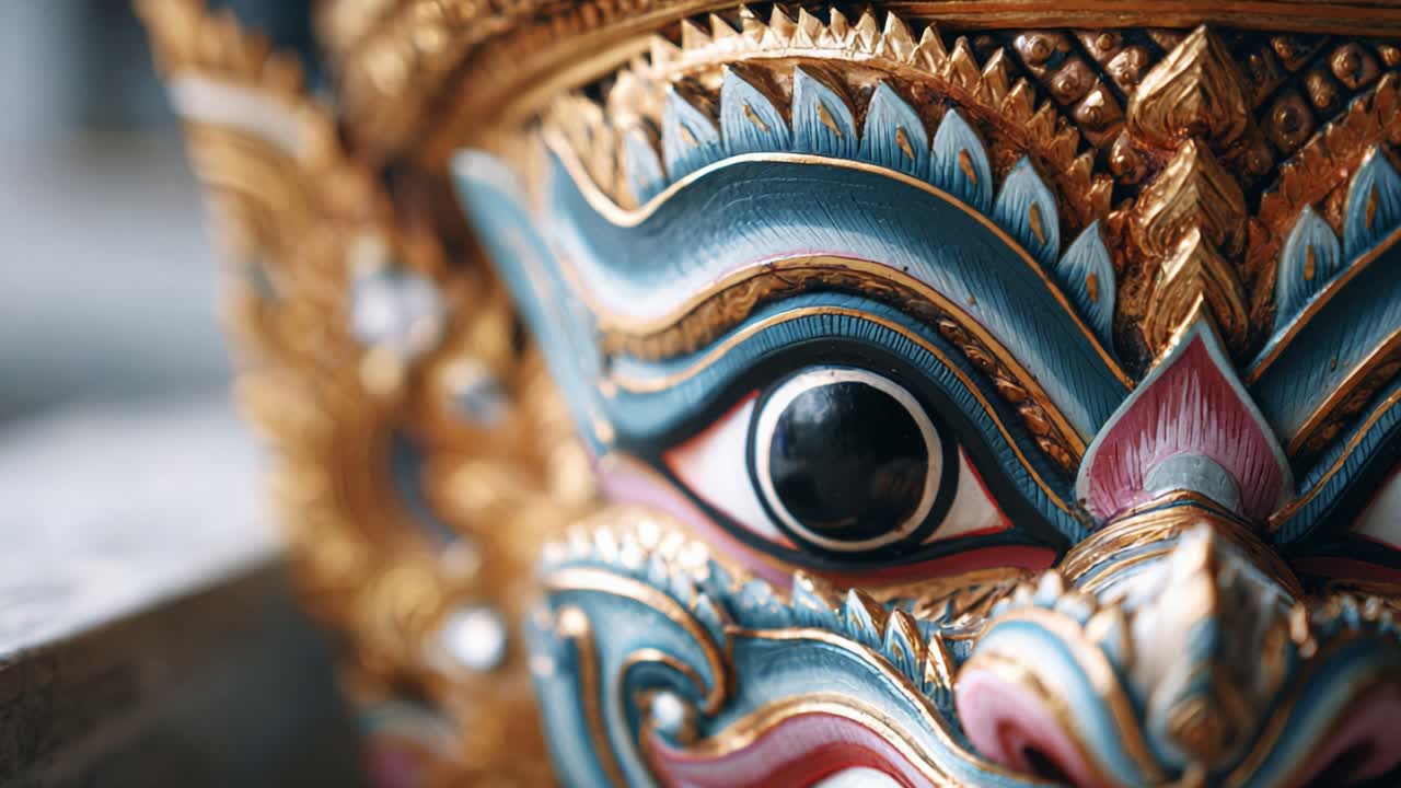 Dettagli intricati di una vivace maschera decorativa con motivi elaborati e occhi espressivi, ricca di texture e colori, che cattura il patrimonio artistico e l'artigianato