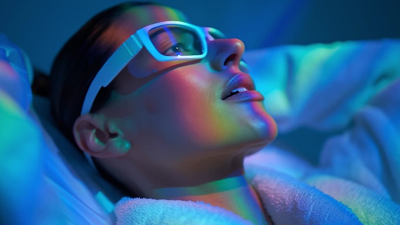 Woman relaxing during a colorful light therapy session at wellness center