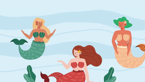 three beautiful fairy tale mermaids swiming animation