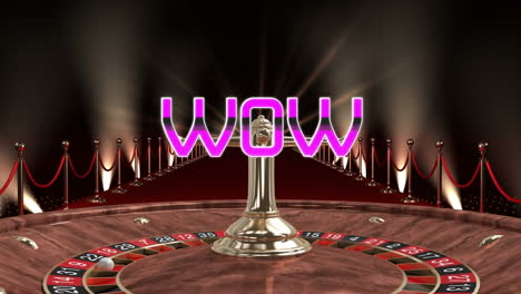 animación de banner de texto wow sobre la ruleta y la alfombra roja y las barreras doradas