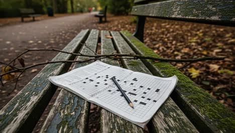 a serene park scene featuring an abandoned crossword puzzle on a weathered bench surrounded by autumn leaves and faded green moss