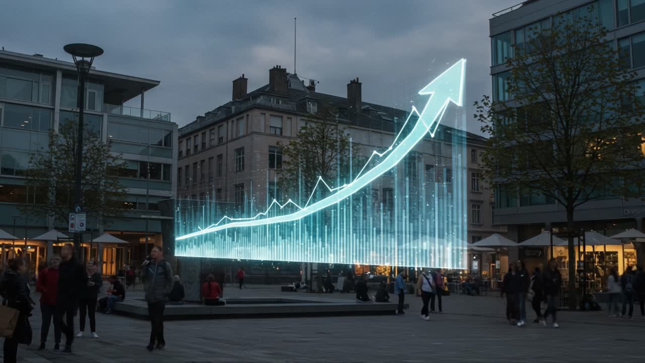 A Striking Visual Display of Economic Growth Animated in a Public Space, Featuring a 3D Graph Projection that Captivates an Audience in a Modern Urban Setting