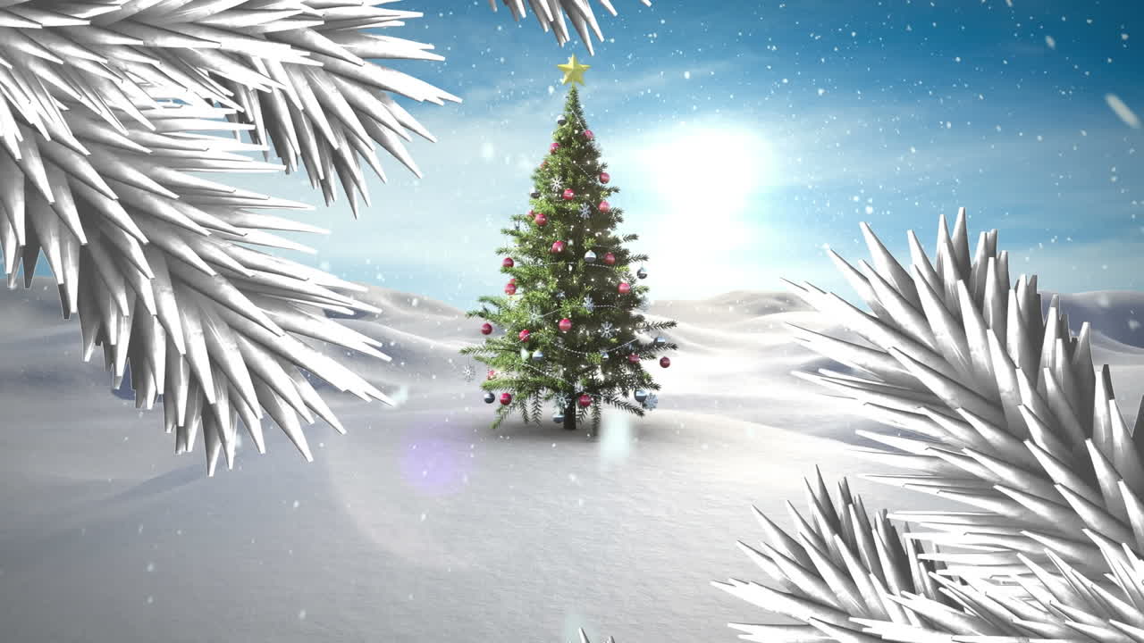 겨울 풍경 에서 크리스마스 나무 위 에 있는 소나무 가지 의 애니메이션