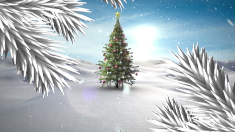 animation of fir branches over christmas tree in winter landscape