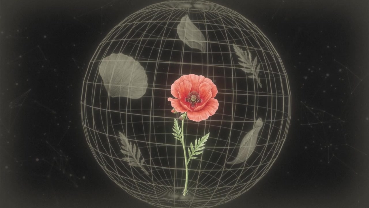Cinematic 3D wireframe grid globe rotating around a blooming red flower with floating X-ray leaves. Nostalgic retro sci-fi animation with analog film grain texture and dark background, 4k.