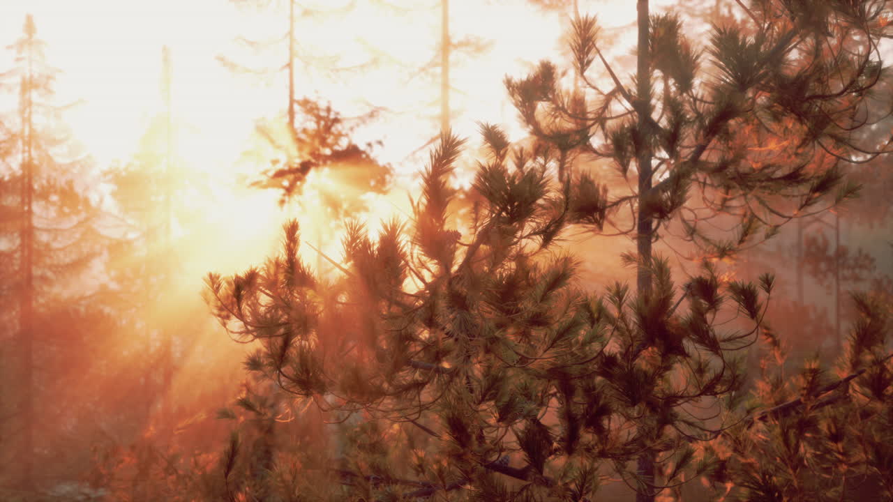 el amanecer en el bosque de niebla