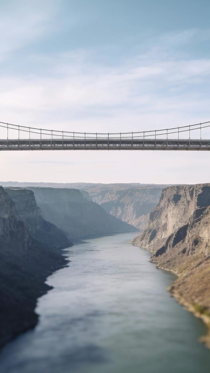 Video verticale: Telecamera che si muove rivelando un ponte sospeso che attraversa un canyon, rivelando la profondità del canyon