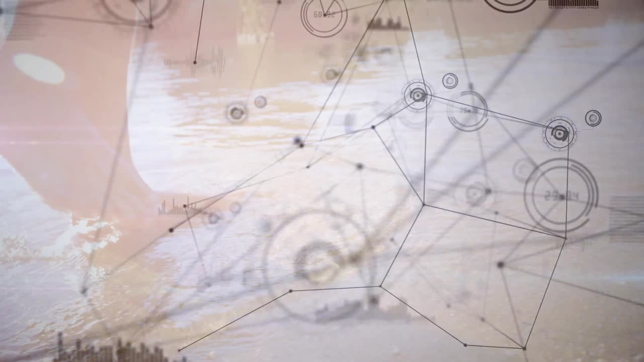 Un uomo entra in un'onda poco profonda, attivando nodi e linee animati che mappano la tecnologia costiera.