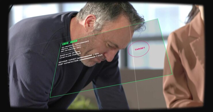 Manager writing sticky note causing AR dashboard tracking metrics above table during project review