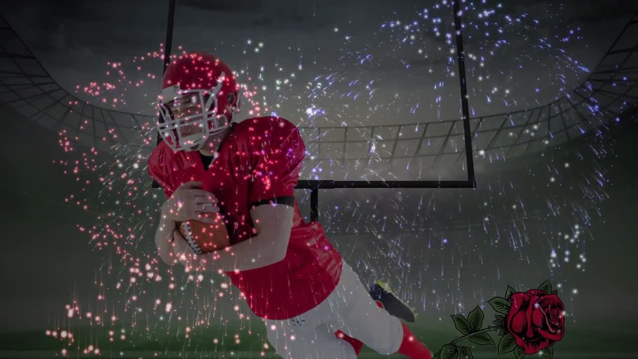 아메리칸  ⁇ 볼 선수 위에 불꽃놀이와 장미의 애니메이션