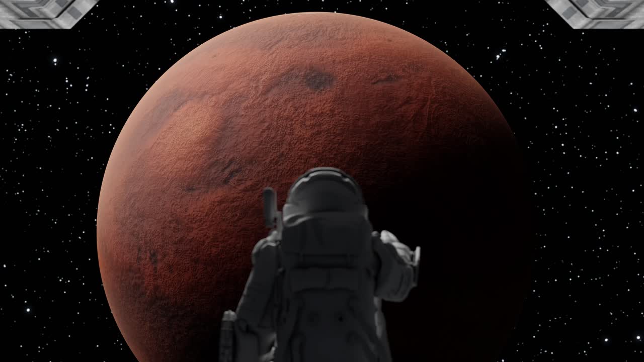 Astronaut svævende i rummet, kigger på rød planet