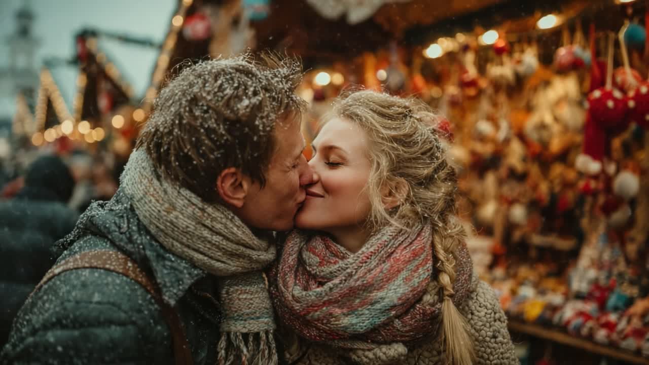 Un romantico bacio invernale tra le bancarelle di un mercatino festivo, catturato in un’atmosfera accogliente con meravigliose decorazioni natalizie e nevicate, a simboleggiare amore e gioia