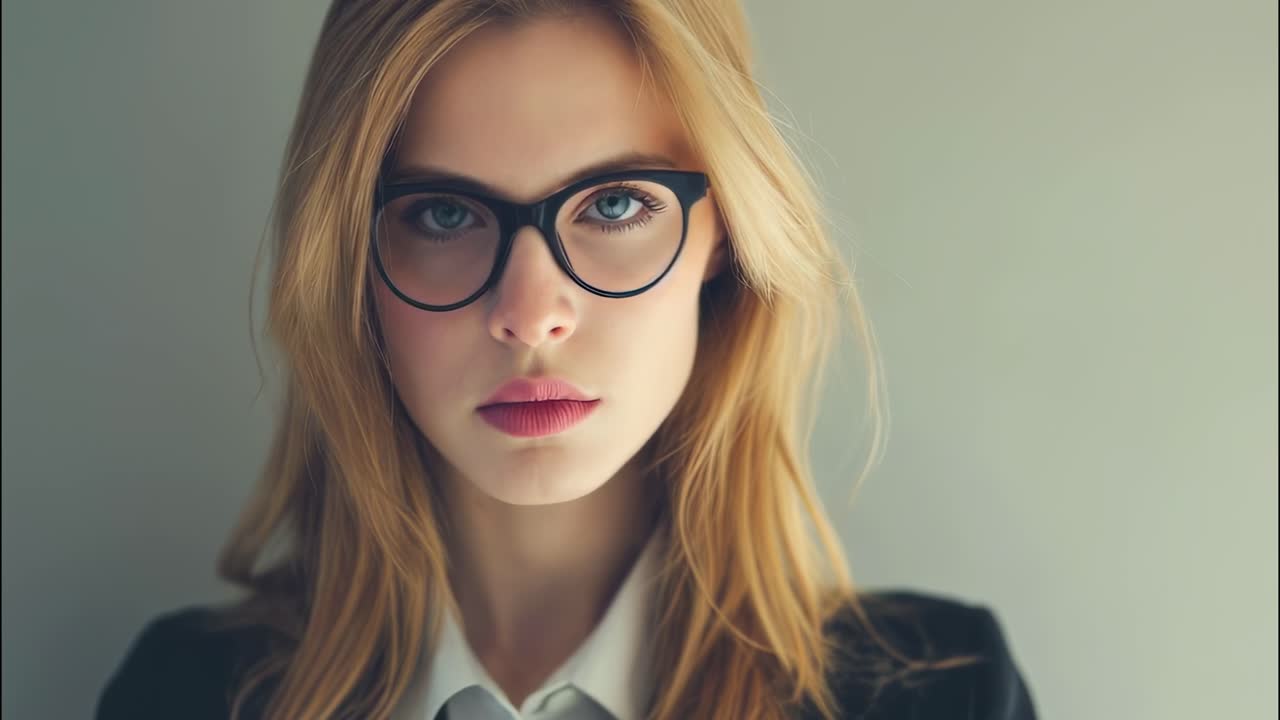 Portrait of a confident young businesswoman wearing eyeglasses and a white shirt with a dark jacket, conveying professionalism and determination