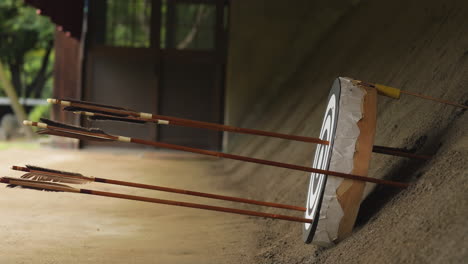 Der-Pfeil-Des-Japanischen-Zen-Bogenschießens-Kyudo-Trifft-Ein-Ziel,-Das-Mehrere-Pfeile-Enthält