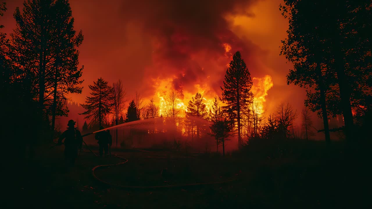Vigili del fuoco con elmetto che puntano la manichetta contro le fiamme del crinale spinte dal vento, spegnendo l'incendio