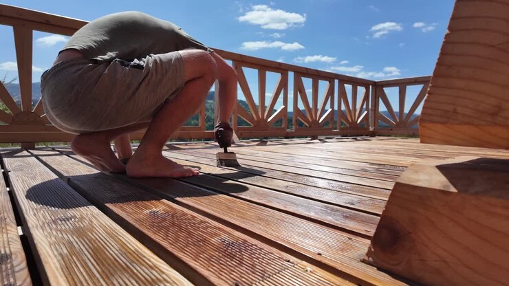 Uomo che protegge una terrazza in legno con olio sotto un cielo azzurro e limpido. Mano guantata, pennello, ringhiera e sfondo montano evocano il fai da te e la cura stagionale degli esterni