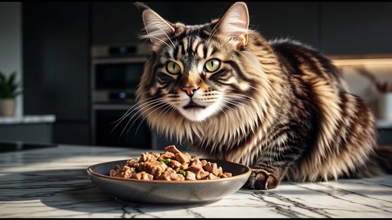 Maine Coon Katze frisst Nassfutter aus einem Napf in einer Küche