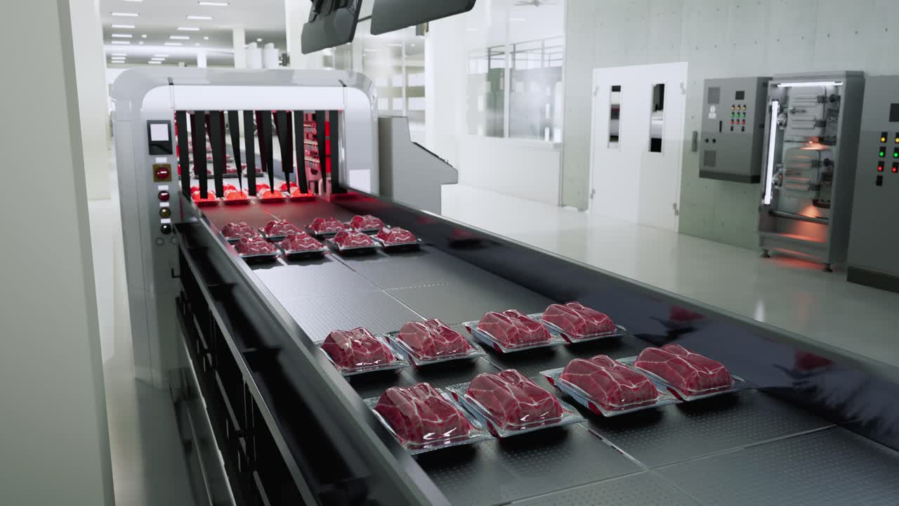 vassoi di carne cruda confezionati su un nastro trasportatore in una fabbrica