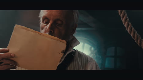 an old captain sits writes a letter inside the sailing ship cabin
