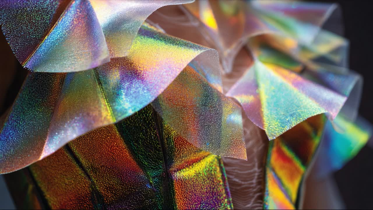 Intricate Close-Up of Colorful Iridescent Textures Reflecting Light with Ruffled Edges in a Fashionable Design for Apparel Display