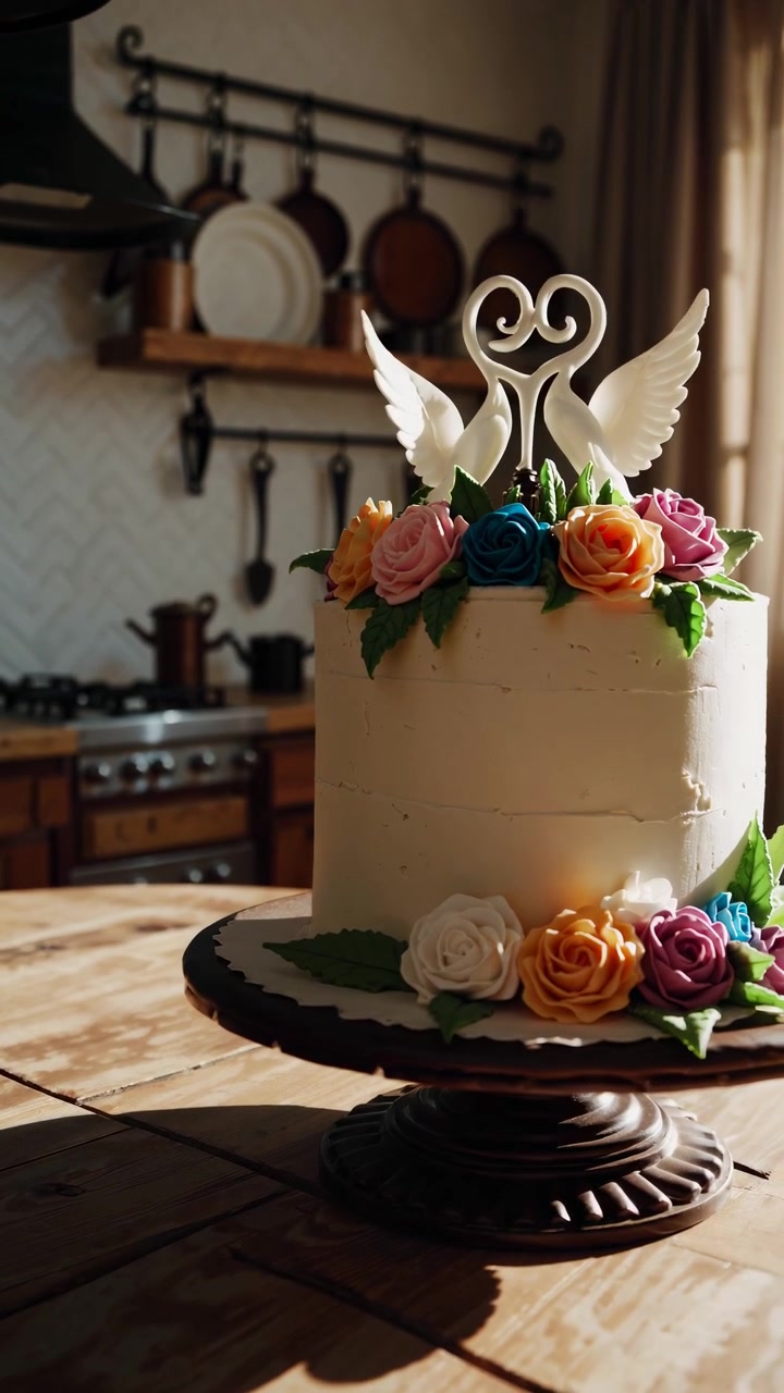 Elegante torta nuziale con topper a forma di cigno in una cucina rustica.